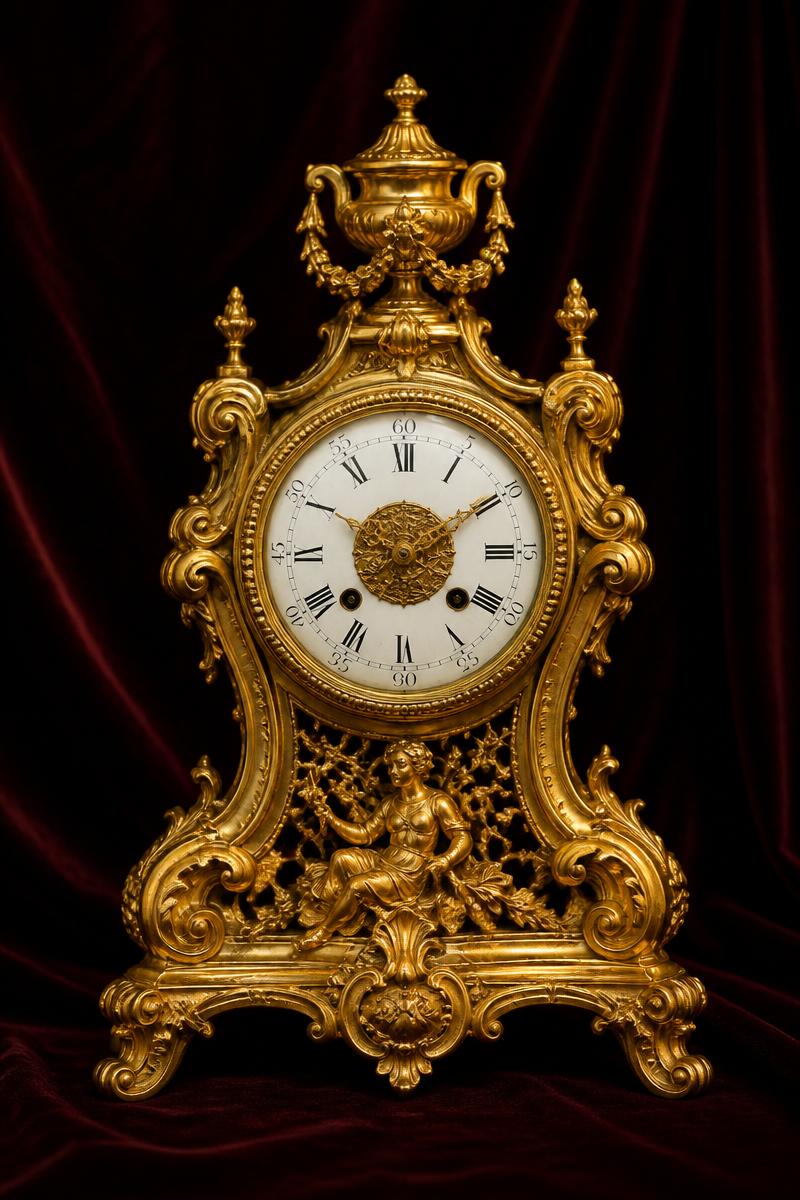 Ornate 18th century gilt clock against dark velvet